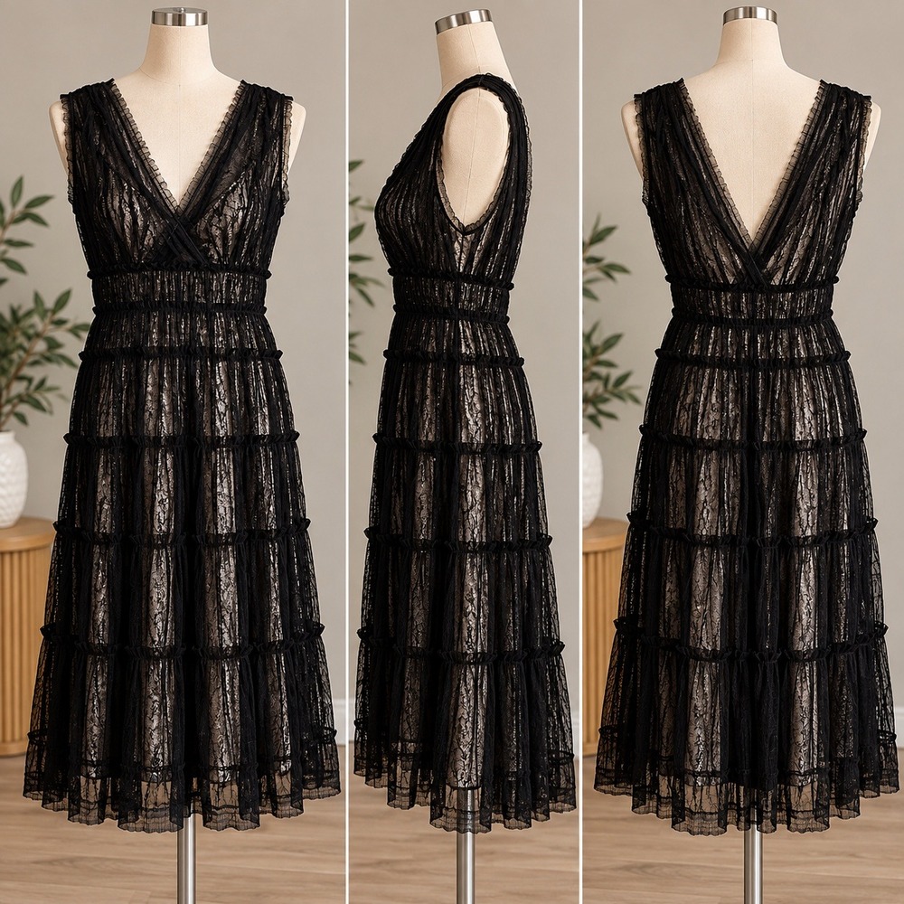 Max Studio Black Lace Ruffle Tiered Midi Dress Silver Lining Whimsygoth Glam